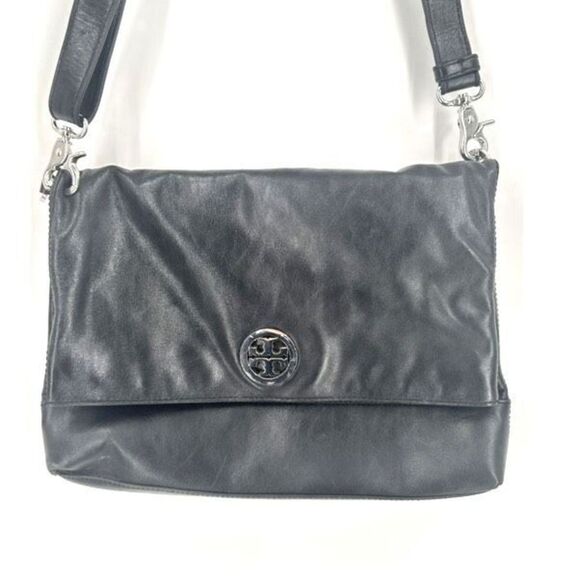 Tory Burch Womens Leather Foldover Crossbody Shoulder Bag Dena Black Size Medium - Picture 4 of 16